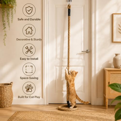 Cat Climbing Rope,9.84 Ft x 1.97 Inch Thick Natural Jute Cat Scratching Rope with Square Ring,Wall Mounted Cat Rope for Indoor Cats,Space-Saving Cat Wall Furniture & Cat Tree Alternative - size: 1.97-9.84 FT