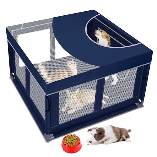 Dog Kitten Playpen with Play Pen Cover for Cat Indoor, 41 x41 x25.5 Puppy Playpen for Small Pet with See-Through Topper Proof Enclosed Door Dog Pen, Sturdy Warm Protable Play Pen for Cat - color: Royal Blue, style: 41'x41'x25.5' with Cover