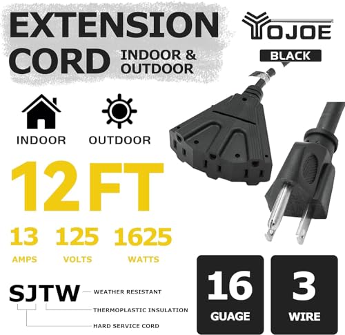 YOJOE 3-Outlets Indoor Outdoor Extension Cord, 3 Prong 13A Weatherproof Power Cord Multiple Outlets, 16 Gauge Heavy Duty 12 ft Black Extension Cord for Garage, Garden, 16/3 SJTW UL Certified - color: Black, size: 12 Foot, style: Standard