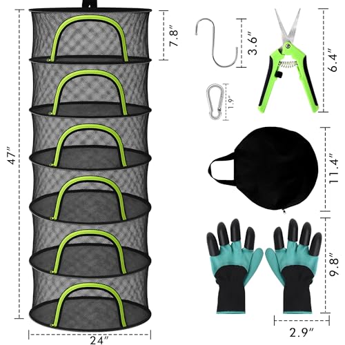 Herb Drying Rack Hanging Mesh 6 Layer 24" with Zipper, Gloves, Garden Pruning Shear, Hook & Carabiner Clip for Drying Herbs, Plants, Seeds, Buds | Outdoor, Hydroponics Herb Dryer Hanging Rack - style: 6 Layer 24"