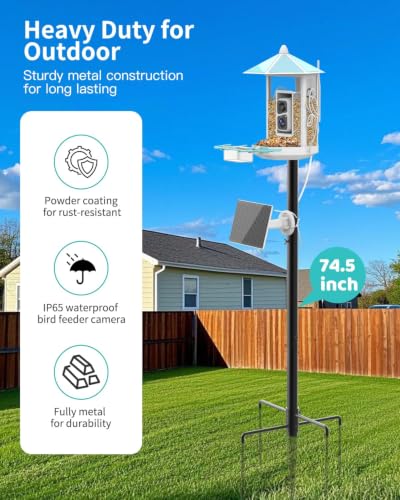 Onlyfly Metal Bird Feeder with Camera and 74.5 Inch Pole - Smart Camera Bird Feeder Solar Powered with 2k Live Stream for Backyard, Ai Identify Auto Capture Videos, Gifts for Birdlover Mom Dad - color: Light blue