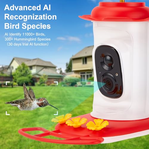 Smart Hummingbird Feeder with 2K HD Camera Auto Capture/Notify, Live View | AI Identify Bird Species, Bird Watching Camera with 3 Feeding Ports for Outdoors Hanging,Instant Notify, Gift for BirdLover