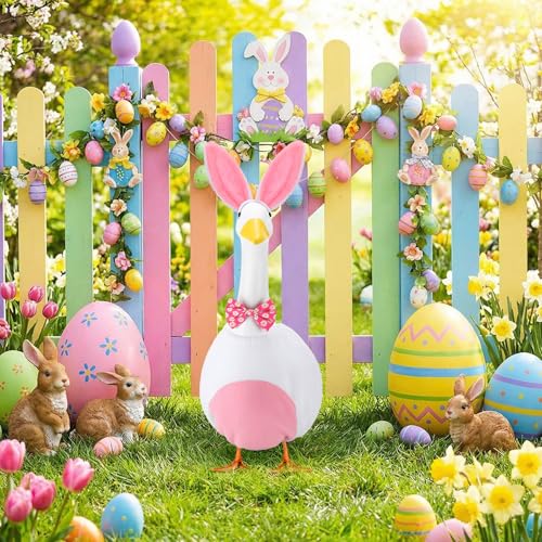 Abbylike 1 Set Easter Bunny Porch Goose Outfits Easter Yard Goose Clothes Costume with Bunny Ears Headband Fits Large 23'' Cement for Spring Outdoor Garden Yard Patio Statue Pathway Art Decorations - style: Pink