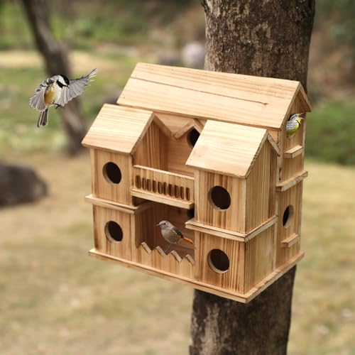 Wooden Bird Houses for Outside, 10 Holes Multi-Chamber Bird House, 1.37" Entrance Hole for Small Birds, Decorative Outdoor Bird Nesting Box