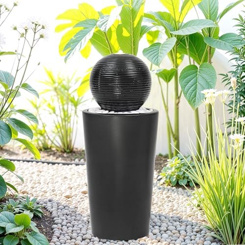 Autodaya 30"H Ceramic Sphere Water Fountain with LED Light for Garden Patio | Modern Minimalist Design, Black Glaze with White Pebbles, Soothing Trickling Water Feature, Artistic Charm, Tranquil Ambiance - color: 30"h Black