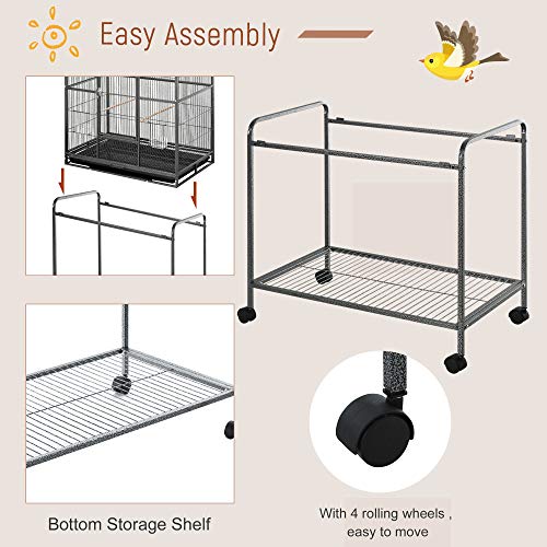 PawHut 30" Rolling Metal Bird Cage Feeder with Detachable Rolling Stand, Storage Shelf, Wood Perch & Food Container | Storage Shelf, Wood Perch, Food Container - size: 30.3"L x 18.5"W x 64.0"H