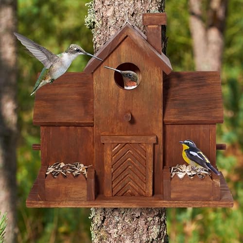 MIXUMON Bird Houses for Outside with Bird Feeder, Outdoor 3 Hole Bird House Room for 3 Bird Families Bluebird Finch Cardinals Hanging Birdhouse for Garden (Style 12)