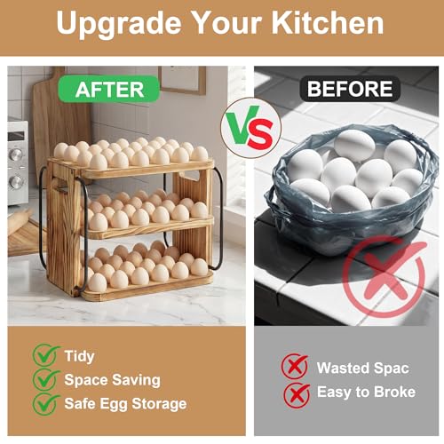 Wooden Egg Holder Countertop for Fresh Eggs with Handle | 3 layer, fresh egg holder countertop, stackable with 90 eggs for countertop to store chicken/duck/hand painted/easter egg - color: Pine