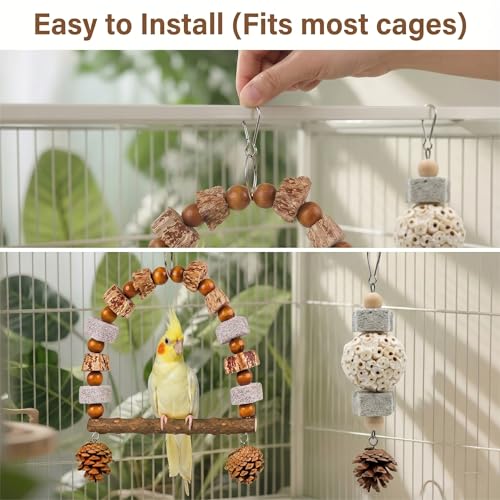 2 Pack Natural Bird Toys Set - Arch Wood Swing & Sola Ball Shreddable Toy - Foraging Hanging Perch with Pine Cones & Pumice Stone Beak Trimmer, Cage Accessories for Cockatiel, Conure, Parakeets - color: Wood A(Sola Ball Set)