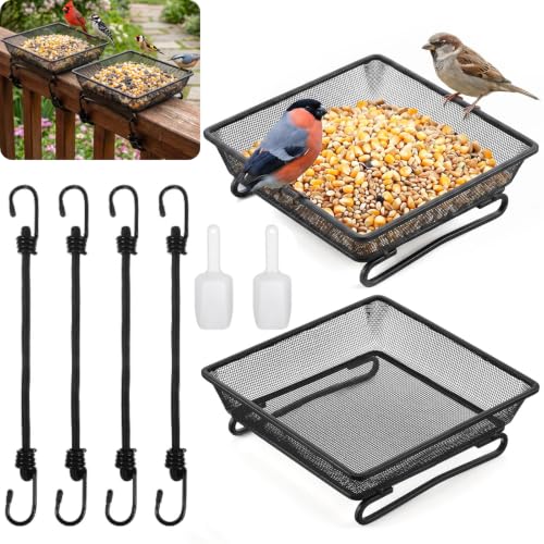 2 Pcs Railing Bird Feeder Tray for Balcony Deck Railing Bird Feeder Tray for Balcony 6.9 x 6.9 x 2.3 Inch Platform Bird Seed Tray with 4 Elastic Ropes & 2 Scoops for Outside Wild Birds or Squirrels