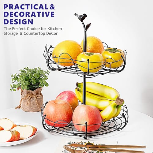 2-Tier Fruit Basket with Bird Nest Design - Charming Bird Handle, Multi-Functional Fruit and Vegetable Organizer for Kitchen Counter and Tabletop, Perfect Blend of Style and Practicality