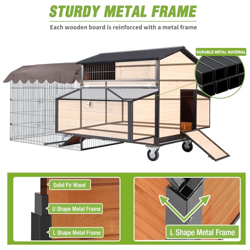 GUTINNEEN Extra Large Mobile Chicken Coop with Run for 6-8 Chickens, Portable Chicken Tractor with Wheels, 76.7" L All-Around Iron Frame Outdoor Hen House, Metal Sliding Tray & 6 Nesting Boxes