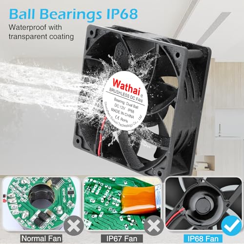 Wathai 120mm x 38mm 12V DC IP68 Waterproof Exhaust Fan Dual Ball 116CFM | Dual Ball Bearing, 3000 RPM, 6W, 2Pin for RV Refrigerator, Amplifier, Outdoor Equipment, Camper - style: IP68 120x38mm
