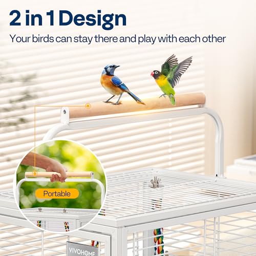 VIVOHOME 19 Inch Wrought Iron Travel Bird Cage for Cockatiel Parakeets | Bird Travel Carrier Cage with Wooden Handle/Perch, Slide-out Tray for Small Parrots Conures Lovebirds Canaries Finches, White - color: White