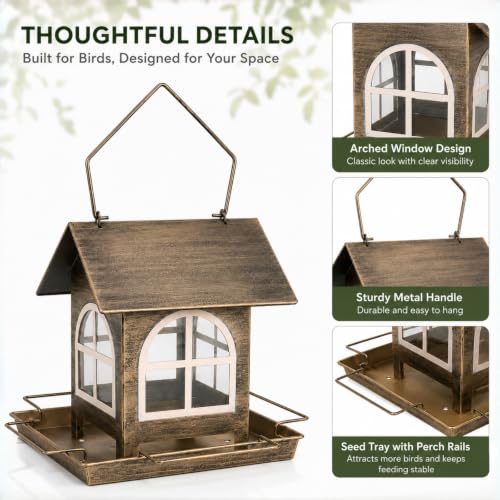 Metal Hummingbird Feeder with Glass Windows and Gold Perches, Vintage Cottage Style, Outdoor Hanging for Garden Patio Backyard, Bird Watching Decor, Metal Construction