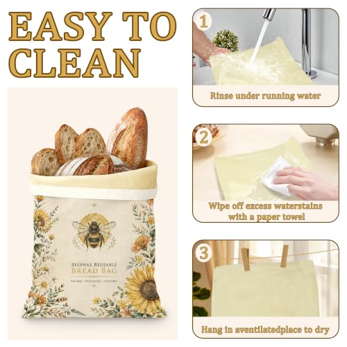 Bee Sunflower Bread Bags for Homemade Bread, Botanical Garden 2 Pack Linen and Beeswax Sourdough Storage Bags, Reusable Keeper, Keeps Breads Fresh Longer, Gifts for Bakers - color: Bee Sunflower