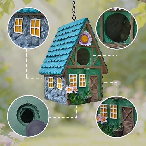 Bird House for Outside, Hand-Painted Resin Cottage Birdhouse with Flower Accents, Waterproof Hanging Bird House for Outdoor Garden, Patio, Yard, Bluebird, Finch, Hummingbird, Sparrow Nesting Box