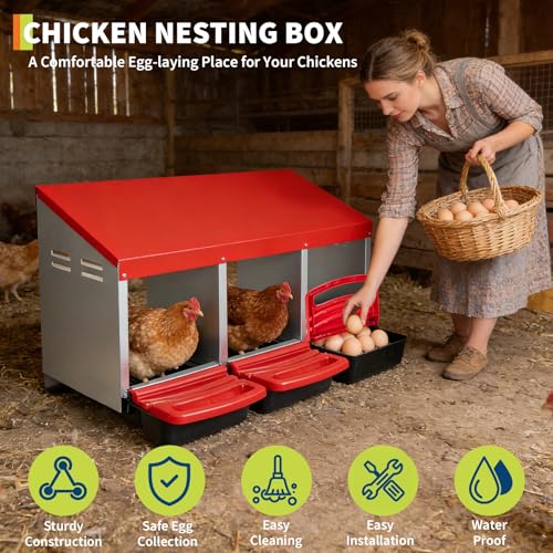 Chicken Nesting Boxes, Metal Chicken Egg Laying Box, Hen Nesting Box with Swing Perch and Rollout Egg Collection for Chicken Coop, Red, 3 Compartments - color: Red with 3 - Slot
