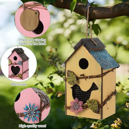 DoubleFill 2 Pcs Birdhouses for Outdoor Hanging Yard Outside Wooden Birdhouse Hand Painted Bird Box for Bird Lovers Bluebird Tree Garden Decor Decorative Birdhouse(Pink,Yellow,Iron Roof) - color: Pink,Yellow, size: Iron Roof