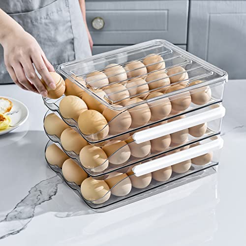 Sooyee 3 Layer Ramp Type Auto Rolling Egg Holder Storage Container for Refrigerator Organizer, Large Egg Container Bin, Clear, Food Grade PET - size: 3 Layer