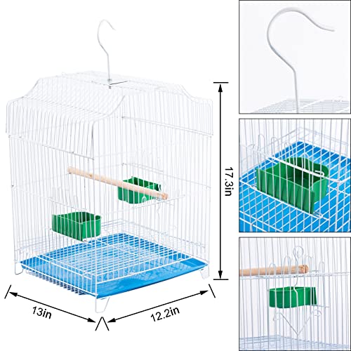 Small Bird Cage, Starter Kit with 2 Feeding Cups, Perch and Removable Tray | Lightweight with handle and hooks for travel, outings and vet visits with parakeets, canaries, lovebirds and finches. - size: White 13"L x 11.8"W x 17.7"H