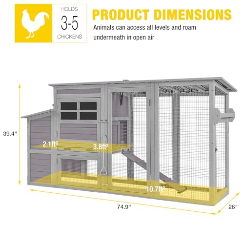 Aivituvin Chicken Coop Hen House, Large Outdoor Wooden Poultry Cage with Ramps, Run, Nesting Box, Removable Tray, Weather-Proof Chicken Cage (Grey, AIR31) - color: Grey, size: 74.9"L x 26.0"W x 39.4"H