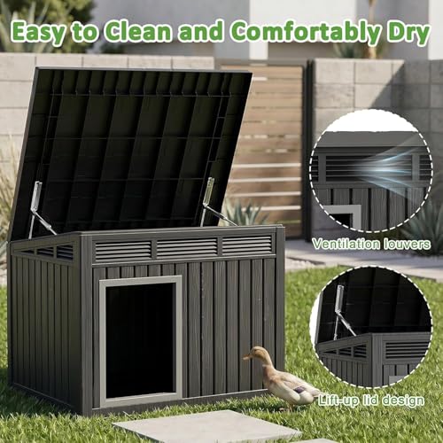 Vixzen Outdoor Duck House, PP Resin Material with Spacious Interior Poultry Shelter, Gas Strut Opening Top & Shutter Vents Chicken Coop for Easy Cleaning and Storage Use in Outdoor（Black） - color: Black, size: 42.9"L x 33.0"W x 31.6"H