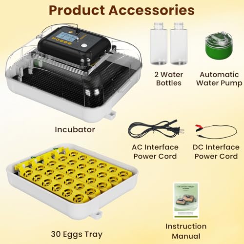 Incubators for Hatching Eggs, 30 Chicken Eggs Incubator with Automatic Egg Turning, Dual Power Supply, Egg Candler, Temperature & Humidity Control with Alert Function, Auto Water Filling