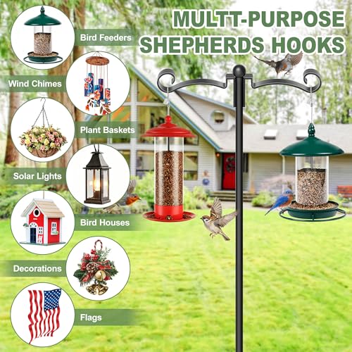 88" Adjustable Double Shepherds Hook for Outdoor, Heavy Duty 3/4" Thick Bird Feeder Pole with 5-Prong Base for Hanging Plant Baskets, Hummingbird Feeder, Solar Lights, Lanterns (1 Pack) - size: 1 Pack