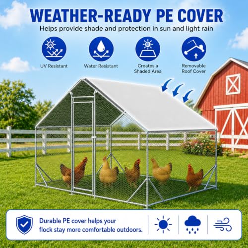 Large Metal Chicken Coop Run with Removable PE Cover, Walk-in Galvanized Steel Poultry Enclosure with PVC-Coated Wire Mesh and Lockable Door for Chickens, Ducks and Rabbits (10'Lx6.6'Wx6.56'H) - size: 10'Lx6.6'Wx6.56'H