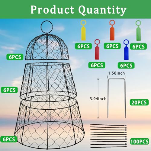 6 PCS 17.7"H X11.42"D Chicken Wire Plant Covers Protectors, Rustproof Heavy Duty Metal Plant Cage with Stakes & Labels, Modular Garden Cloches Design for Seedling Flower Vegetable Protect from Animals