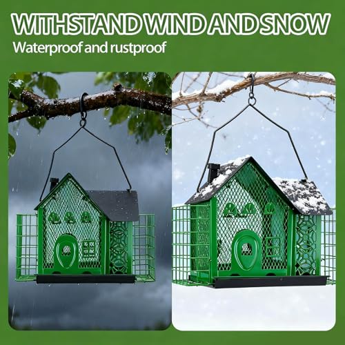 Outdoor Hanging Bird Feeder Large Capacity Durable and Sturdy Decorative Metal Bird Feeder Green and Black Two-Tone Waterproof Design with Sloped Tray Easy-Fill Wild Bird House (Green)