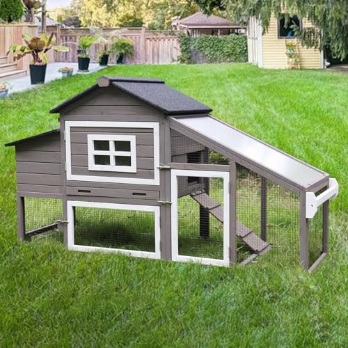 GUTINNEEN Chicken Coop with Wheels Mobile Outdoor Hen House Weatherproof Duck Cage with Large Nesting Box, Leak-Proof Tray, UV-Resistant Roof for 2-4 Chickens (Brown & White) - color: Brown & White