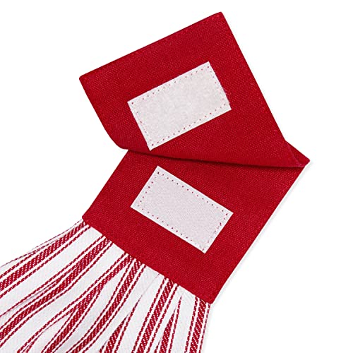 Tango Red and White Ticking Stripe Hanging Kitchen Dish Hand Towel Cotton with Button Accent, Set of 2 - color: Tango Red