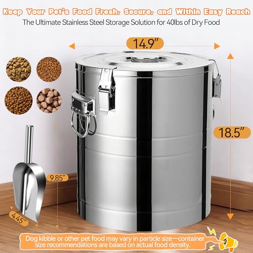 40lb Dog Food Storage Container, Airtight Stainless Steel | Extra Large Capacity, Rust-Proof, Moisture-Proof, Deters Pets from Opening & Stealing Food, Easy to Clean, Keeps Food Crispy - size: 40lb