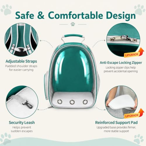 Expandable Cat Carrier Backpack with Bubble Window, Green | Breathable mesh, anti-collapse frame, side door, safety leash and escape-resistant zippers for vet visits and outdoor travel. - color: Green