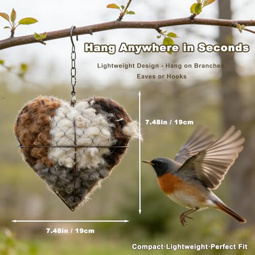 Handmade Fiber Bird Nesting Heart, Alpaca Bird Nesting Material Holder, Hummingbird Houses Nest Boxes,Garden Art Birdhouse Outside Gifts for Birds Lovers