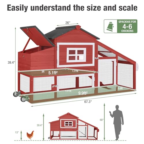 Chicken Coop with Wheels,Outdoor Hen House with Waterproof Asphalt Roof, Wooden Poultry Enclosure with Easy-Clean Slide-Out Tray,Poultry Cage with Nesting Boxes for Duck Rabbit Chicken(Red)
