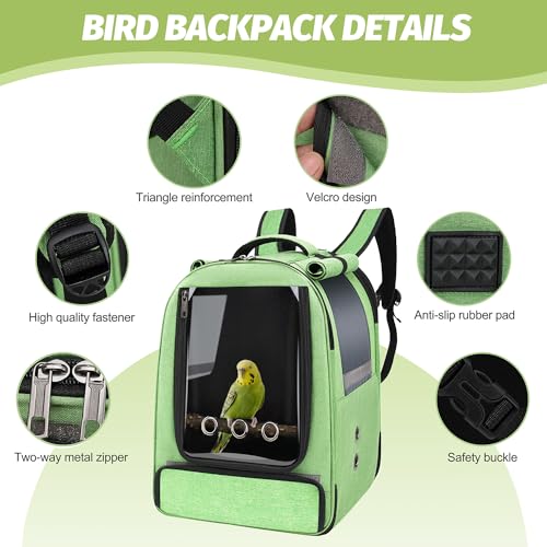 Bird Backpack Carrier,Bird Travel cage Backpack with Tray and Standing Perch,Feeding Tank,Waterproof pad,Used for Parakeets,hornbirds,Lovebirds,Small and Medium-Sized Bird - color: Green