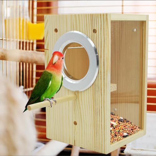 kathson Parakeet Nesting Box Transparent Bird House Bird Nest Box for Cage Parrot Nesting Boxes Wooden Breeding Box for Cockatiel Lovebirds Budgie Finch Canary(M) - size: [L:8.9 x 5.9 x 5.9 lnches]
