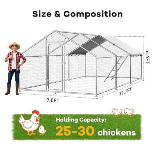 Large Metal Chicken Coop with Roosting Perch and Cover | Spire roof outdoor walk-in cage with waterproof UV-resistant cover, 10' x 19.7' x 6.4' enclosure for chickens - size: 236.4"L x 120.0"W x 76.8"H