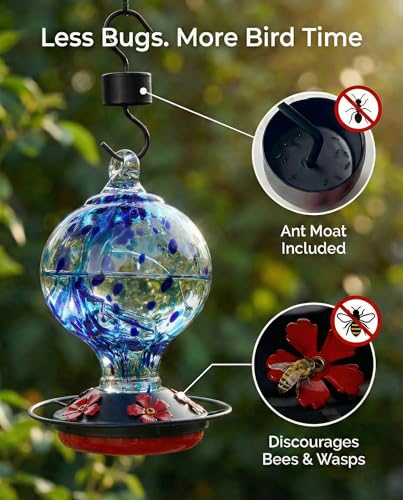Hummingbird Feeder for Outdoors Hanging, 34 Oz, Handcrafted Gift Inner Glass Décor for Bird Garden Lover, Ant Moat & Bee-Resistant Ports, Hook & Brush Included, Ocean Blue - color: Ocean Blue