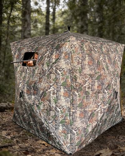Portable Hunting Blind for 3-4 Persons for Turkey Duck Hunting | 270° See Through Ground Deer Blind with Silent Windows, Windproof Pop Up Blind with Carry Bag, Tent Stakes and Wind Ropes