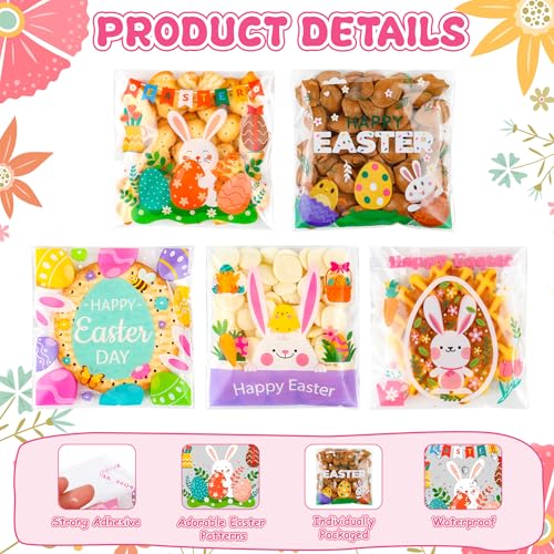 100PCS Easter Self Sealing Cookie Bags - 4x4 Inch Clear Cellophane Treat Bags with Happy Easter Bunny Designs for Candy Goodie Gifts Packaging, Ideal for Classroom Exchange, Party Favors - color: Easter - 100PCS