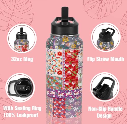 Boho Pioneer Water Bottle with Straws Insulated Sports Bottle Boho Flower Travel Thermal Double Walled Vacuum Cup Leak Proof Stainless Steel Tumbler Mom Gifts-32 oz - color: Red