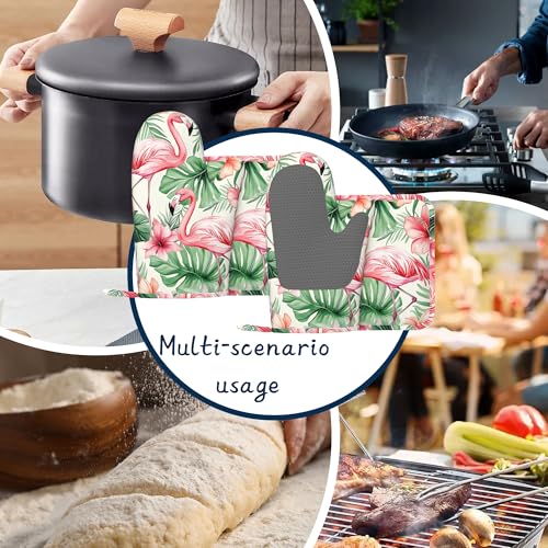 Heat Resistant Pot Holders and Oven Mitts,Pink Flamingo Extra Long Kitchen Oven Mitt Set,Tropical Flowers Leaf Cotton Lining Anti-Slip Waterproof Kitchen Mittens Hot Pan Holder for Baking Cooking - color: Pink Flamingo