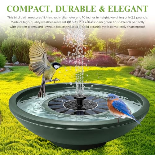 Solar Bird Bath with Fountain,12.4" Dark Green Birdbath for Outdoors,Tool-Free 10s Assembly,6 Spray Nozzles,Lightweight Plastic Water Feature for Garden Decor,Patio Gitf,Hummingbirds