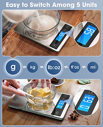 Food Scale 22lb Digital Kitchen Scale for Cooking Baking | 1g/0.1oz Precise Graduation, Backlit LCD, Tare Function, Weight Grams and oz, Easy Clean Stainless Steel and Tempered Glass - color: Silver