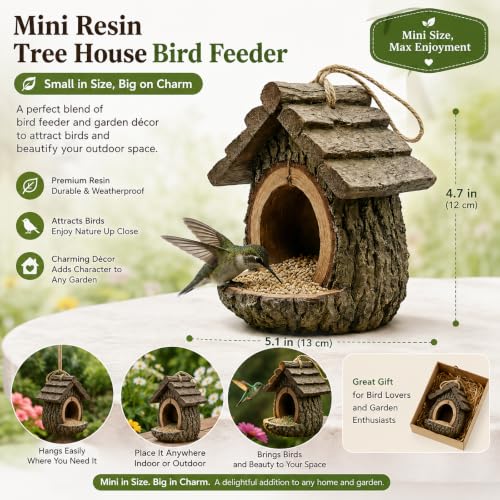 Mini Resin Treehouse Wild Bird Feeder, Hanging Bird Feeder | Waterproof Hanging Bird Feeders for Outdoors, Open Design Garden Yard Sculpture & Country Decor
