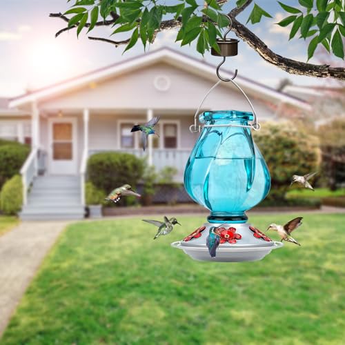 Glass Hummingbird Feeders for Outdoors Hanging, Ant Moat, Blue, 22oz | 5 Feeding Ports, Leak Proof, Easy Refill & Clean, Weatherproof, Attractive Garden Decor, Brithday Gifts for Women Men Mom Dad - color: Ruby Blue